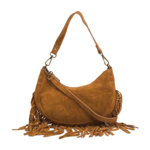 MARLON Made In Italy Suede Crescent Shoulder Bag With Fringe - Picture 1 of 4